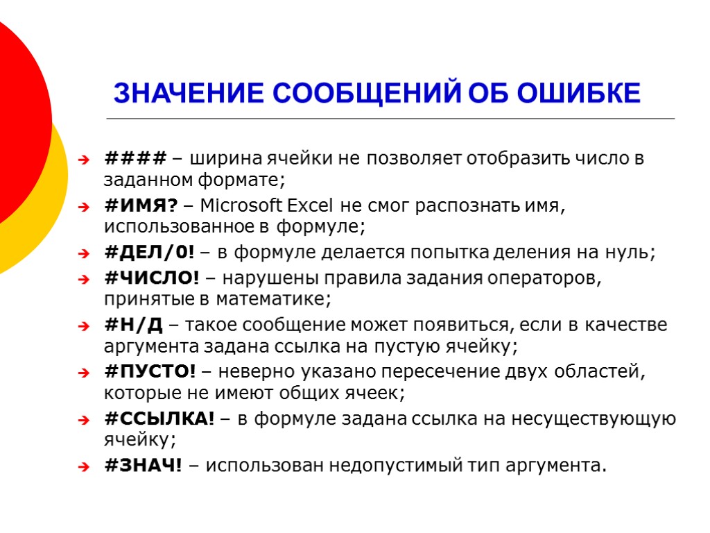 ЗНАЧЕНИЕ СООБЩЕНИЙ ОБ ОШИБКЕ #### – ширина ячейки не позволяет отобразить число в заданном